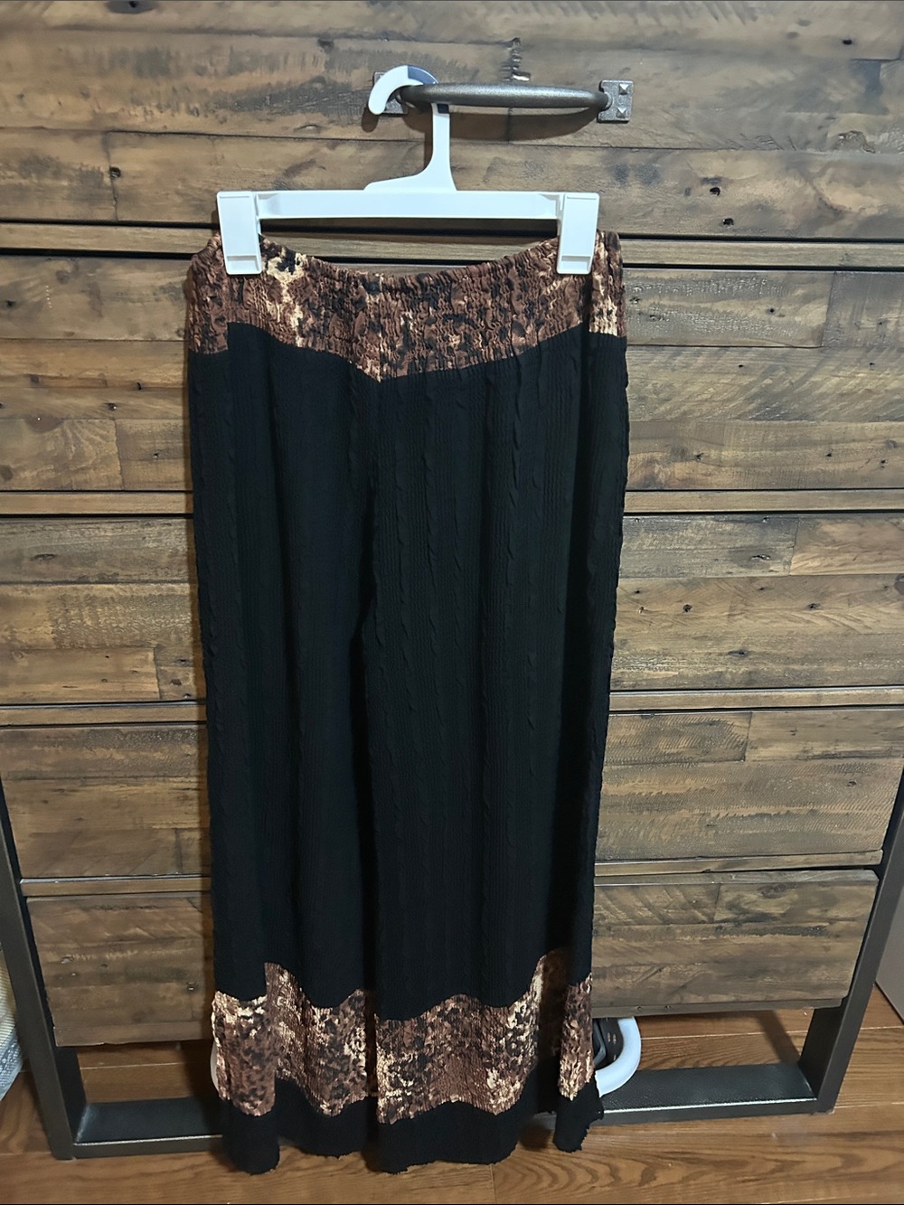UbU Black Crinkle Palazzo Pants w/leopard accents. Wide leg. Swim coverup.